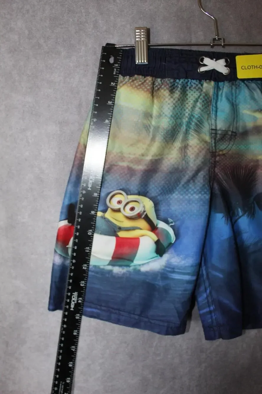 Disney Board Shorts Boys 7-8 Blue Minions Swim Trunks Elastic Waist Polyester